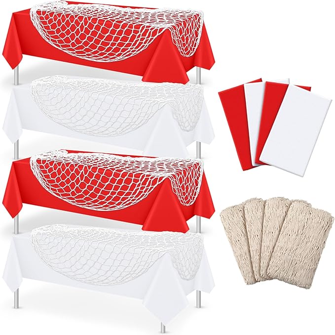 Unittype 8 Pcs Fish Net Decorative and Tablecloth Set, Cotton Fishnet and Plastic Table Cover Decorations Set for Nautical Themed Party Baby Shower Pirate Decorations Mermaid Party (Red and White)