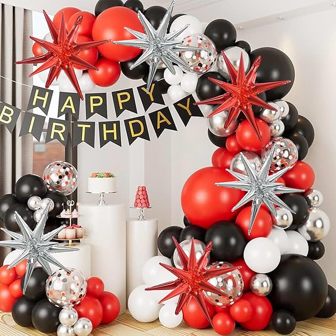 TONIFUL 8 Pcs Red Silver Foil Balloons Large Star Balloons Explosion Star Mylar Balloons for Party Backdrop Christmas New Year Birthday Wedding Baby Shower Anniversary Photo Booth Supplies