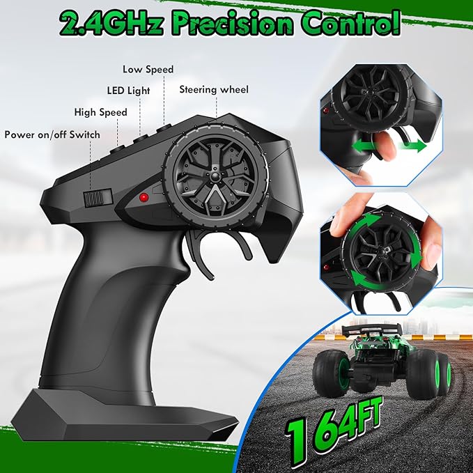 Remote Control Car, 1:18 Rc Cars, All-Terrain RC Truck with LED Light, 20KM/H, Rechargeable, 2WD, 2.4GHz, Sturdy PVC Shell, Remote Control Truck for Boys 4-7 8-12, Beginner (Green)