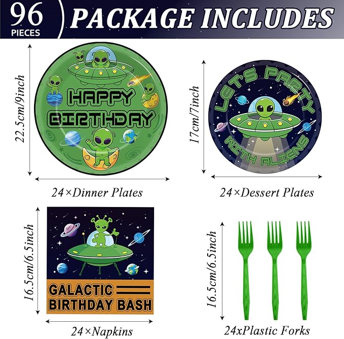 OBUSATT 96 Pcs Alien Theme Paper Plates and Napkins Outer Theme Space Birthday Party Supplies Galactic Birthday Tableware Set for Boys Girls Galaxy Party Decorations Favors for Serves 24