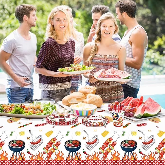 Amylove 2 Pack BBQ Party Decorations Hot Dog Picnic Tablecloths 86 x 51 Inches Stain Resistant Tablecloth for Baby Q Baby Shower, Birthday, Carnival, Bachelorette Party Supplies