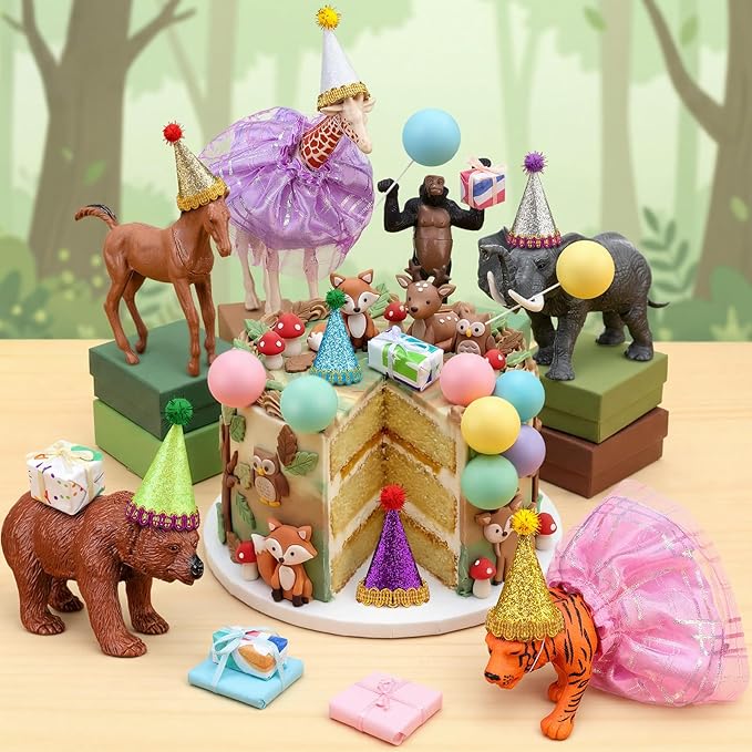 Weysat 41 Pcs Jungle Animals Cake Topper Figures Birthday Party Decorations with Mini Hat and Skirt, Colorful Balls, Jungle Toppers Decoration with Gift Boxes for Wild Animals Themed Party(Forest)