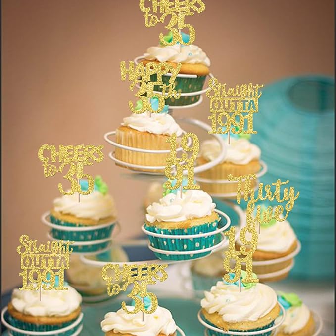 30PCS Straight Outta 1991 Cupcake Toppers Gold Glitter Thirty Five Happy 35th Birthday Cupcake Picks Cheers to 35 Years Cake Decorations for 35th Birthday Anniversary Party Decoration Supplies