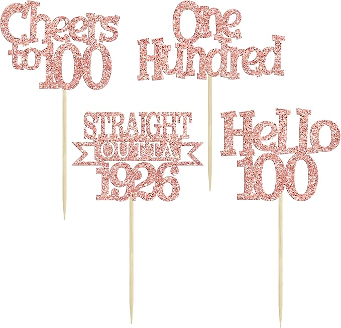 Ephlyn 24Pcs Happy 100th Birthday Cupcake Toppers Glitter Cupcake Picks Hello 100 Cheers to 100 Years Birthday Cake Decorations for 100th Birthday Anniversary Party Supplies Rose Gold