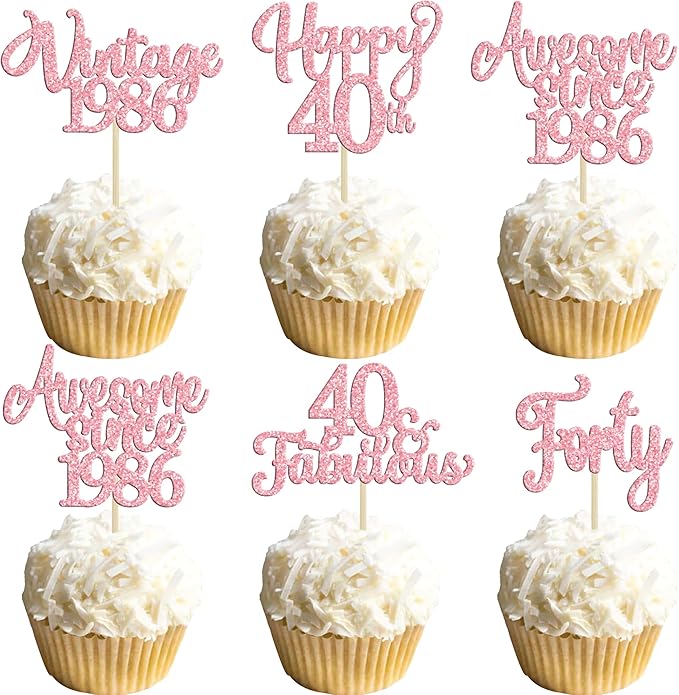 Ephlyn 30Pcs Vintage 1986 Cupcake Toppers Glitter Forty Happy 40th Birthday 40 Fabulous Cupcake Picks Cheers to 40 Years for 40th Birthday Wedding Anniversary Party Cake Decorations Supplies Pink