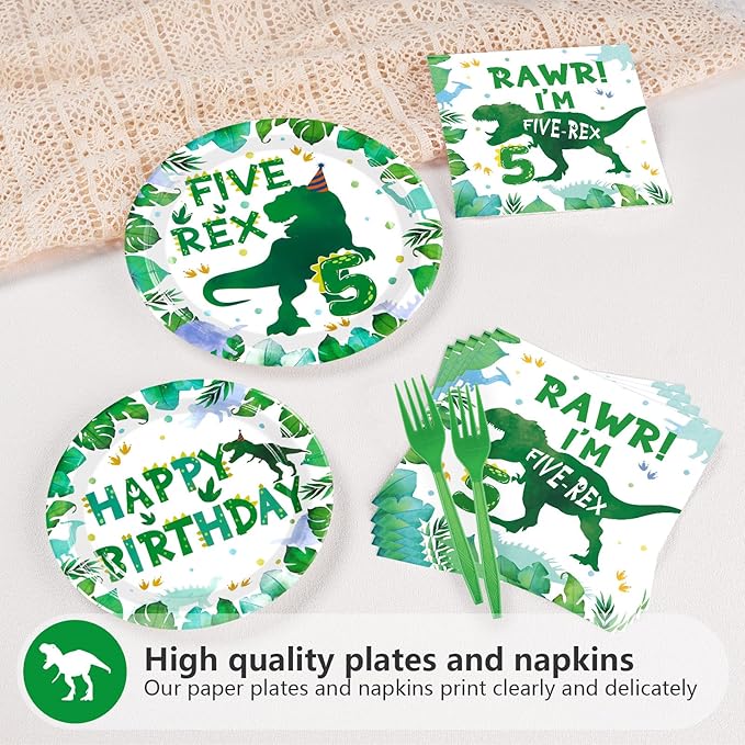 Grencian 96 Pcs Dinosaur 5th Birthday Decorations Five Rex Plates and Napkins 5 Years Old Dinosaur Party Supplies Roar I’m Five Dino Tableware Set for Boys Kids Dino Themed Party Favors Serves 24