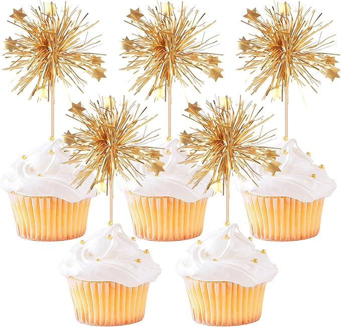 30 PCS Foil Firework Cupcake Toppers Happy Birthday Cake Toppers Star Sparkle Tinsel Flower Drink Stirrers Cocktail Fruit Toothpicks for Valentine's Day Baby Shower Birthday Party Supplies Gold