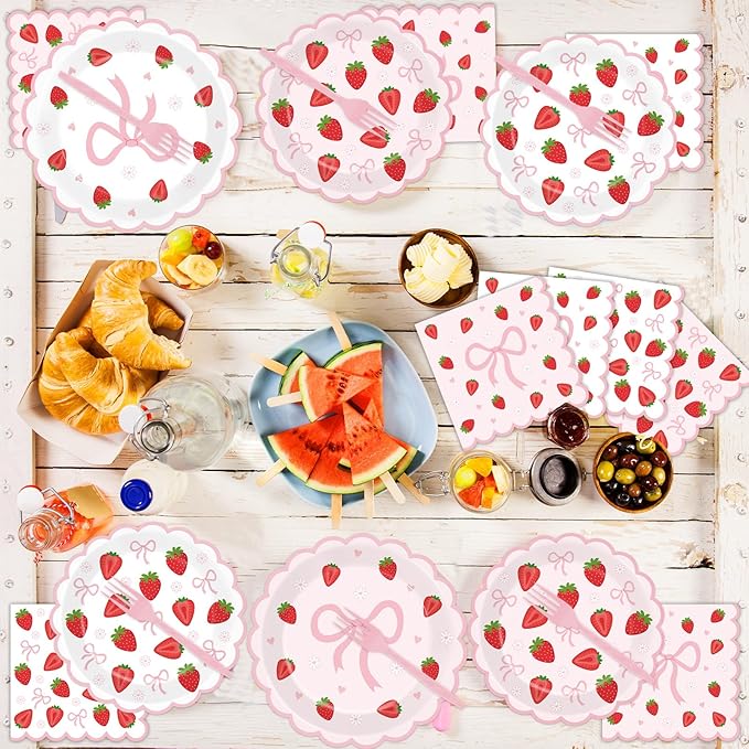 96Pcs Strawberry Party Plates and Napkins Bow Berry Sweet Scalloped Birthday Plates Party Supplies Pink Coquette Strawberry Tableware for Girls Baby Shower Wedding Birthday Decor 24 Guests