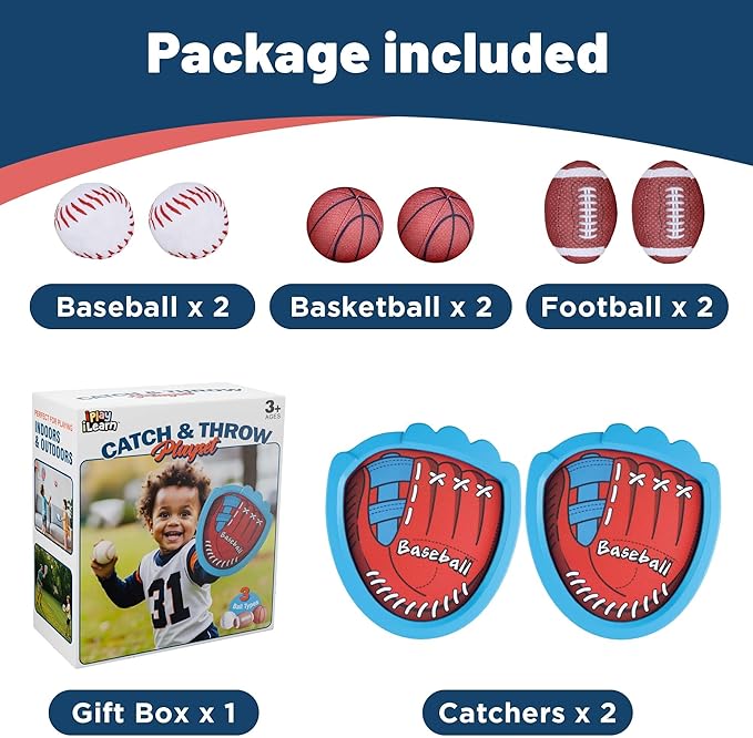 iPlay, iLearn Toddler Baseball Toy, Boy Toss Catching Ball Game Toy W/ 2 Gloves 6 Soft Balls, Sport Outdoor Yard Beach Play for Family Activities, Fun Birthday Gifts 3 4 5 6 7 8-12 Year Old Girl Kids