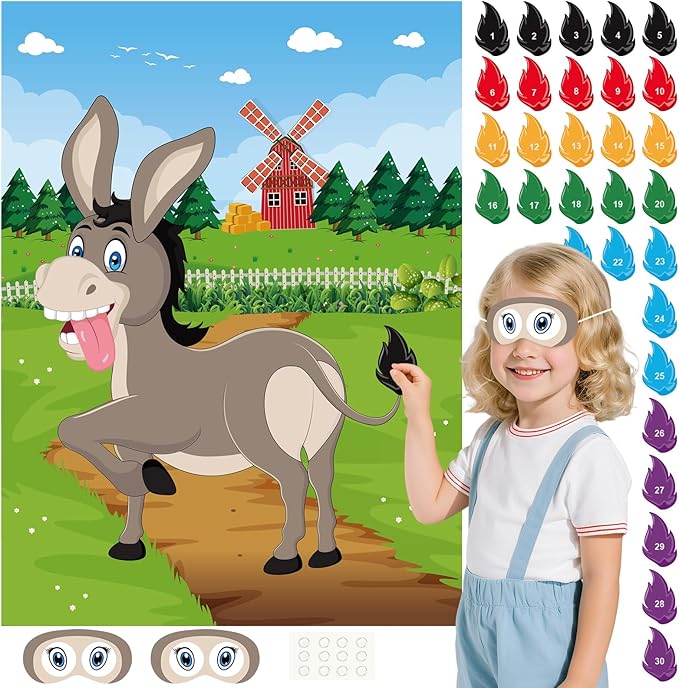 PLULON Pin The Tail on The Donkey Game for Kids with Tail Stickers, Donkey Poster Kids Pin Game Birthday Party Favors Gifts Carnival Home Wall Decorations Classroom Family Activities