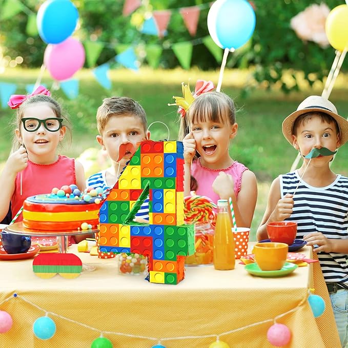 Hooqict Building Blocks 4th Birthday Party Decorations Number 4 Pinata with Pinata Stick & Blindfold for Kids Girls Boys Happy Birthday Building Block Theme Party Supplies Carnival Games