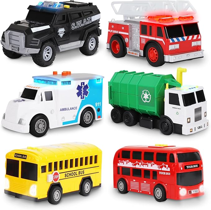 Toy Cars for Toddlers - 6Pcs Pull Back Cars Toys with Light and Sounds, City and emergency vehicles set, Including Police Car, Fire Truck, Ambulance, School bus, Tour Bus, Garbage Truck