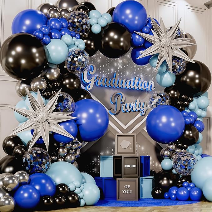 ALL-IN-1 Blue and Black Balloons Arch Kit with BONUS Starbursts – Small & Large Silver Black Blue balloons – Light, Navy, Royal Blues & Blacks Party Decorations for Baby, Graduation, Birthday, Gaming