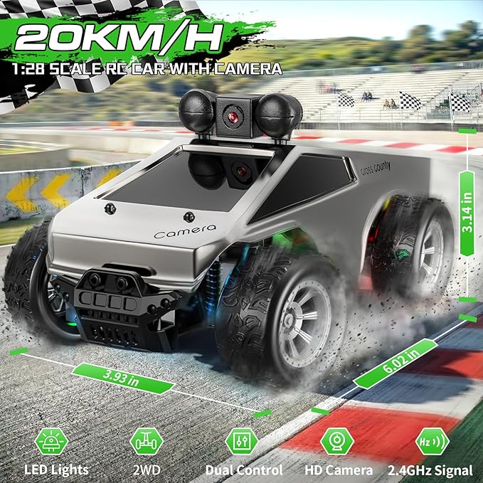 RC Cars with Camera Remote Control Truck with 720P HD FPV Camera, All-Terrain Remote Control Car with Led Light Rechargeable Battery, 1:28 RC Car Vehicle Toy Gifts for Kids Boys Girls
