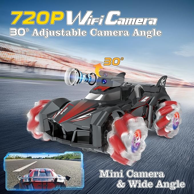 Yasola RC Car with Camera for Kids, Remote Control 360° Rotating High Speed Stunt Vehicle Toy for Boys and Girls, Rechargeable Racing Drift Cars with Flashing Lights and Dynamic Sound for Adults