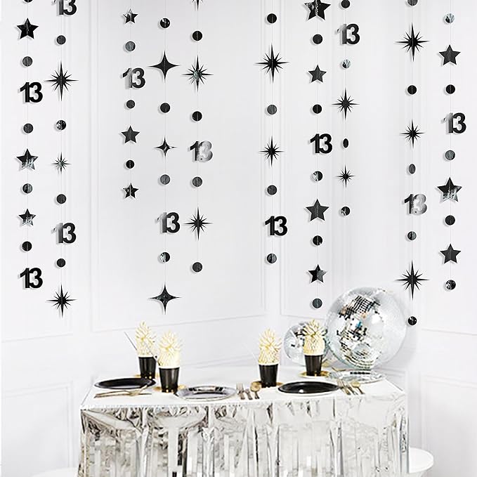 Black 13th Birthday Decorations Number 13 Circle Dot Twinkle Star Garland Metallic Hanging Streamer Bunting Banner Backdrop for Girls 13 Year Old Birthday Thirteen Official Teenager Party Supplies
