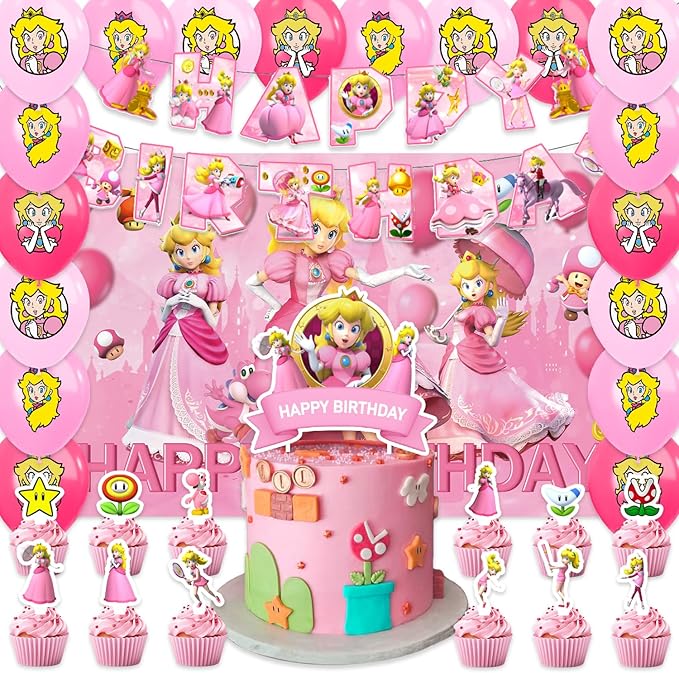 42pcs Princess Peach Birthday Party Supplies Pack Includes，Banner，Cake Topper，Blackdrop,Balloons for Princess Peach party supplies