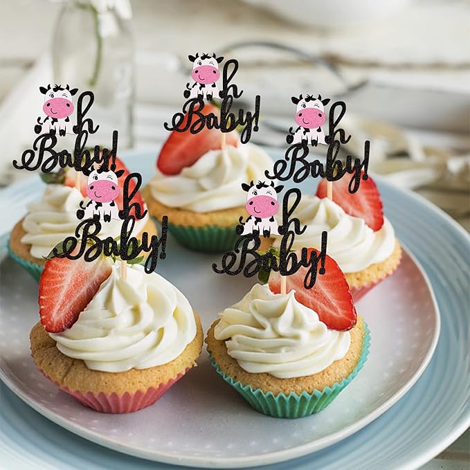 24 PCS Cow Oh Baby Cupcake Toppers Glitter Farm Animals Oh Baby Cow Cupcake Picks Gender Reveal Theme Baby Shower Kids Boys Girls Birthday Party Cake Decorations Supplies