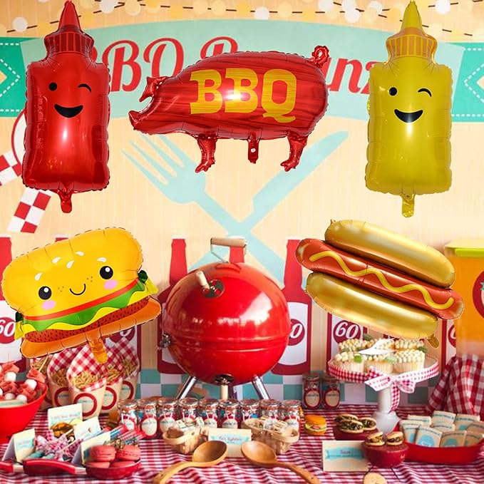 10Pcs Picnic BBQ Party Balloons Hamburger Hot Dog Ketchup Mustard Bottle Balloons for BBQ Picnic Cookout Summer Birthday Baby Shower Party Decorations Supplies