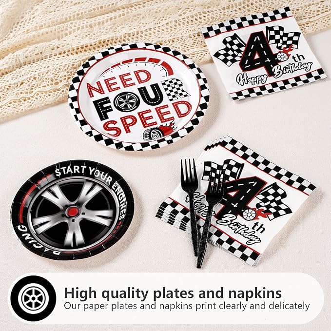 96 Pcs Need Four Speed Birthday Decorations Disposable Race Car Themed 4th Party Plates and Napkins Checkered Flag Tableware Set for Kids Boys Racing Car 4 Year Old Birthday Party Supplies Serves 24