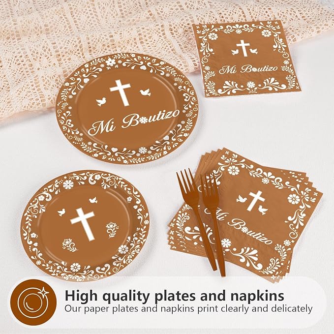 96 Pcs Mexican Baptism Decorations Disposable Brown Mexican Paper Plates and Napkins Lindo Tableware Set for Boy Christening First Holy Communion Baptism Baby Shower Party Supplies