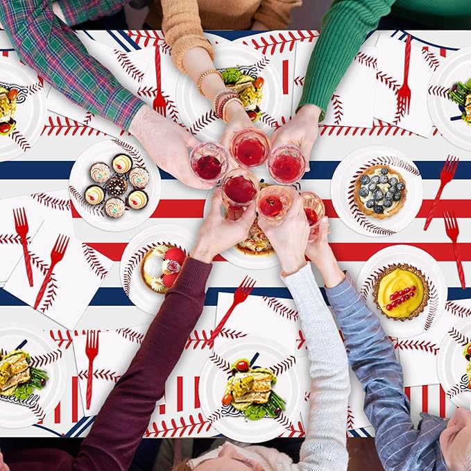 Baseball Party Decorations, Baseball Birthday Decorations Supplies Include Baseball Tablecloth Paper, Plates, Napkins, Forks, Baseball Party Supplies Dinnerware for Serve 24 Guests Kids Party Favors