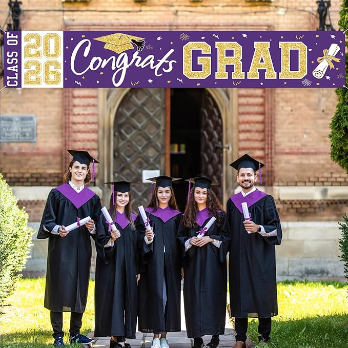 Graduation Banner Class of 2026 - Large Congrats Grad Yard Sign 2026 Purple Gold Congrats Grad Banner Fence Yard Sign for Graduation Decorations Party Supplies