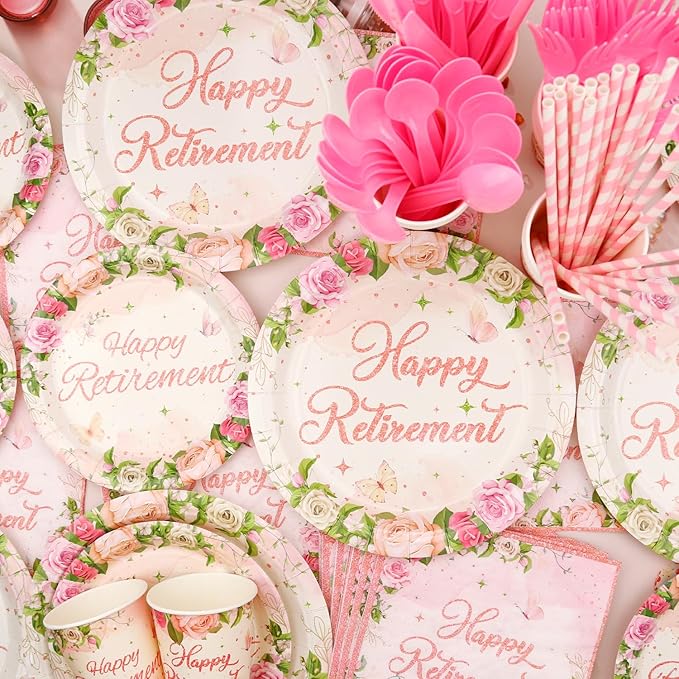 Floral Retirement Party Decorations - Pink Retirement Party Supplies including Backdrop, Plate, Cake Topper, Cup, Napkin, Balloon, Tablecloth - Serves 20