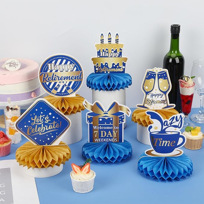 10 Pcs Retirement Party Decorations, Blue Gold Retirement Table Honeycomb Centerpieces Happy Retirement Table Topper for Men Women Happy Retirement Decorations for Party Supplies