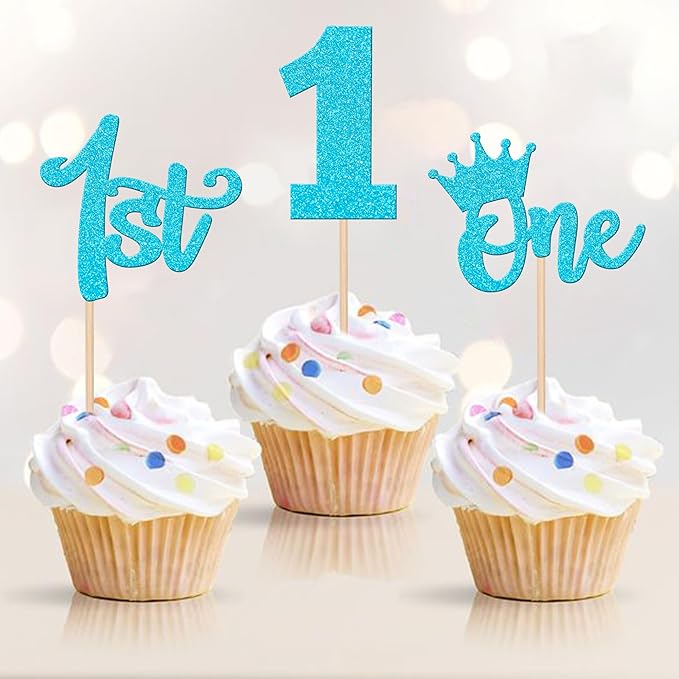 24 PCS 1st Birthday Cupcake Toppers Glitter First Birthday Crown Wild One Cupcake Picks for Baby Shower Kids Boys Girls 1st Birthday Anniversary Boho Theme Party Cake Decorations Supplies Blue