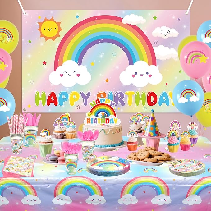 Rainbow Birthday Party Decorations - Rainbow Party Supplies including Backdrop, Plate, Cake Topper, Cup, Napkin, Balloon, Tablecloth - Serves 20