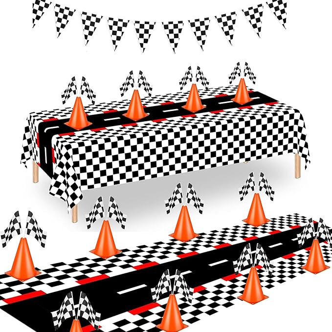 Cars Party Decorations,Racecar Centerpiece Decoration,7in Orange Racing Cones(12),Checkered Flags (24), 54"x108" Plastic Tablecloths (2),Banner Race Car Theme Party Supplies(40pcs)