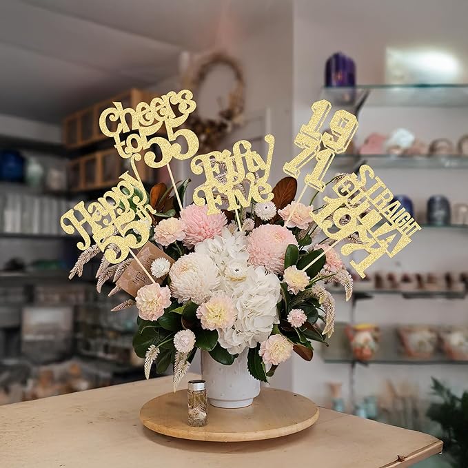 Gyufise 15Pcs Happy 55th Birthday Centerpiece Sticks Fifty Five Straight Outta 1971 Table Flower Centerpieces Sticks Cheers to 55 Decorations for 55th Birthday Party Supplies Gold