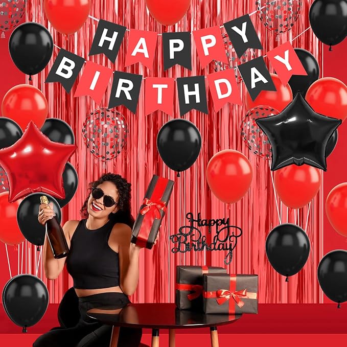 Red and Black Party Decorations, Birthday Decorations Supplies with Red Black Balloon Happy Birthday Banner Fringe Curtains Foil Balloons Cake Topper for Boys Girls Men Women Party Decor