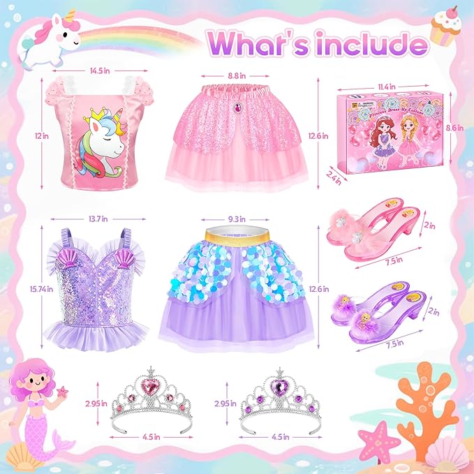 Princess Dress Up CLothes with Princess Shoes, Kids' Dress Up & Pretend Play Costumes for Little Girls, Mermaid & Unicorn Dress Up Toys Set for Toddlers, Christmas Birthday Gifts for 3-6 Role Play