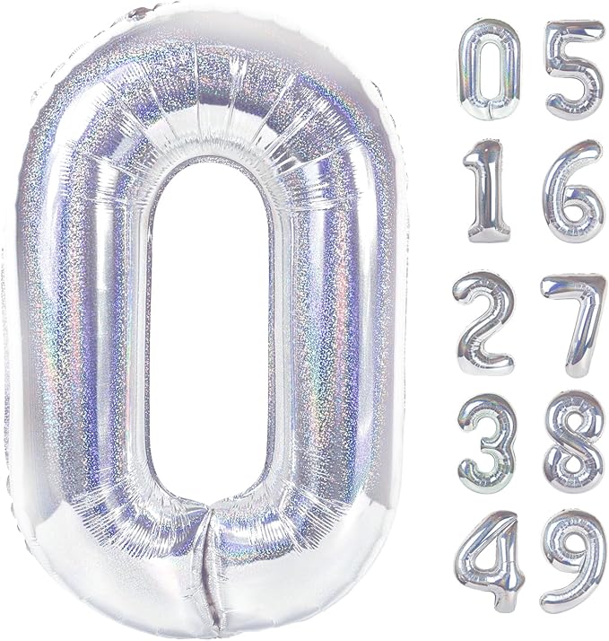 Laser Silver Number Balloon 40 Inch, 0 Number Balloons, 10 20 30 40 50 Numbers Balloon Birthday Decorations, Party Supplies for Women