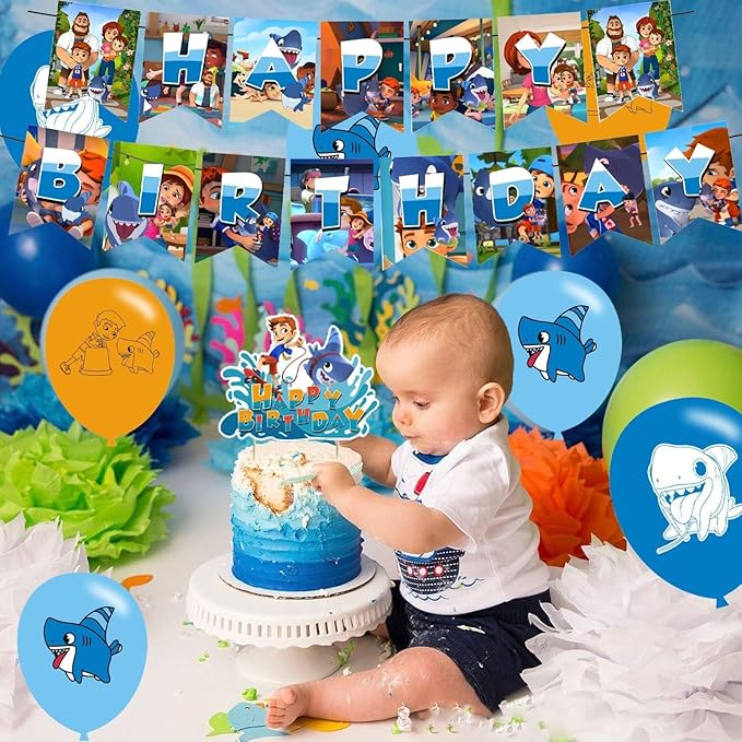 Sharkdog Party Decorations,Sharkdog Birthday Party Supplies Includes Banner- Cake Topper - 24 Cupcake Toppers - 18 Balloons