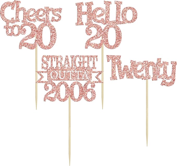 Ephlyn 24Pcs Happy 20th Birthday Cupcake Toppers Glitter Cupcake Picks Hello 20 Cheers to 20 Years Cake Decorations for 20th Birthday Anniversary Party Decorations Supplies Rose Gold