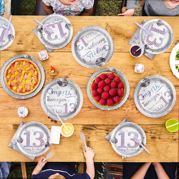 Grencian 96Pcs 13th Birthday Decorations for Girls Silver Disco Iridescent 13th Birthday Plates and Napkins Disposable Paper Tableware for Girls 13 Year Old Party Supplies, Serves 24