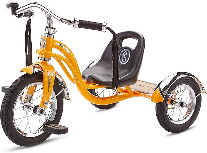 Schwinn Roadster Bike for Toddler, Kids Classic Tricycle, Low Positioned Steel Trike Frame with Bell and Handlebar Tassels, Rear Deck Made of Genuine Wood, for Boys and Girls Ages 2-4 Year Old, Orange