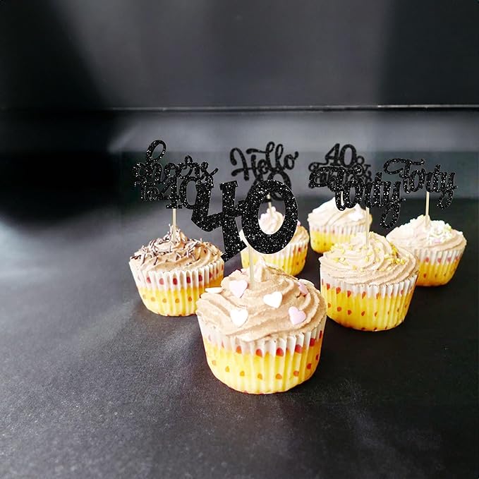 30pcs Happy 40th Birthday Cupcake Toppers - Black Glitter Forty Cheers to 40 Years Old Cupcake Picks for Anniversary Party Cake Decorations