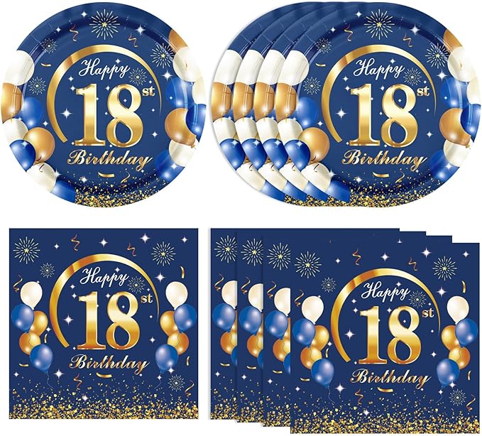 40Pcs 18th Birthday Decorations Kit for Boys Men, Navy Blue and Gold 18th Birthday Party Tableware Set Include Cheers to 18 Years Disposable Paper Plates Napkins for Time To Adult Party Supplies
