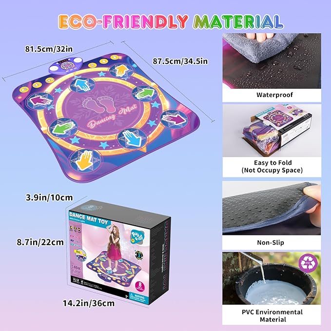 Dance Mat Toys for 3-12 Year Old Girls & Boys, Dance Mats with Light Up 8-Buttons & Wireless Bluetooth, Music Dance Toy with 5 Modes Game, Birthday Xmas Gifts for 3 4 5 6 7 8 9 10+ Year Old Girls Boys