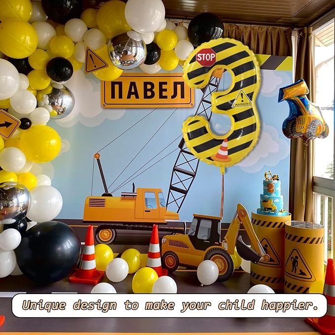 40 Inch Giant Construction Theme Number Balloons - Large Number 3 Balloons Yellow and Black Striped for Kids' Construction Birthday Anniversary Party Decorations Supplies Number 2-4 Balloon