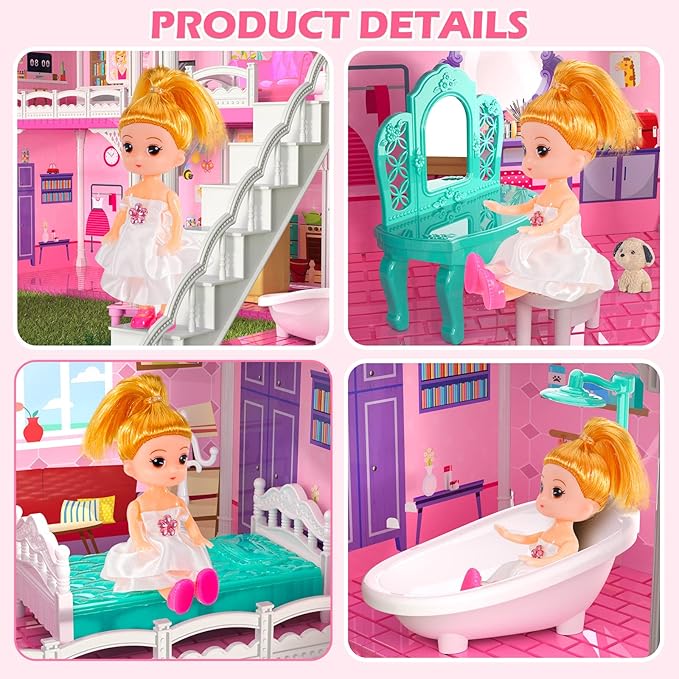 Doloowee Dolls House for Girls Toys, 4 Stories 10 Rooms Dollshouse with 2 Princesses Slide Accessories, Playset for Toddler Playhouse Gift for for 3 4 5 6 7 8+ Year Old Girls Toys