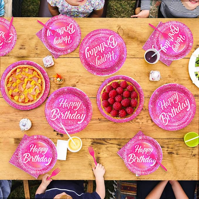 96Pcs Hot Pink Birthday Party Supplies Disco Rainbow Pastel Holographic Plates and Napkins Tableware Sets Hot Pink Iridescent Decoration Favors for Girls Princess Mermaid Disco Themed Party Serves 24