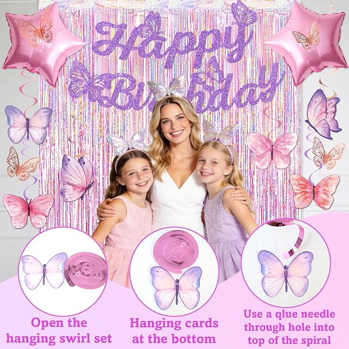 33Pcs Purple Happy Birthday Decorations for Women, Butterflies Birthday Decorations Purple Butterfly Decorations with Banner Hanging Swirl for Women Girl Butterfly Theme Party Supplies