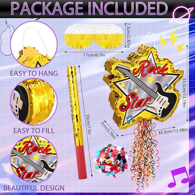 26Pcs Rock and Roll Guitar Piñata Party Set with Blindfold Banners Glasses Snap Bracelets for Music Theme Celebrations