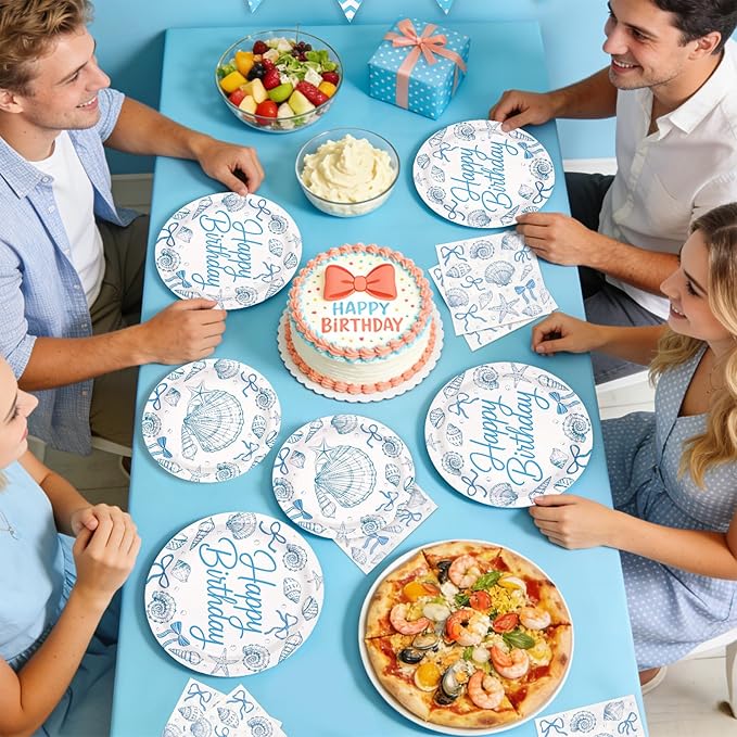 96Pcs Seashell Birthday Party Decorations Blue Bow Seashell Ocean Dessert Plates and Napkins Beach Starfish Tableware Set for Summer Kids Girls Boys Birthday Party Supplies Serves 24