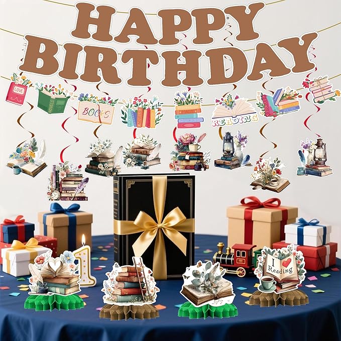 Book Birthday Party Decorations Banner - 15 Pcs One For The Books Birthday Theme Banner Garland Swirls Storybook Honeycomb Centerpieces Table Decor For Reading Library Club Book Party Supplies